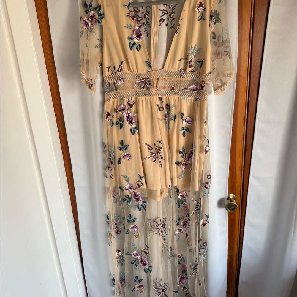 Floral Sheer Maxi / Romper Dress - Cream and Purple
